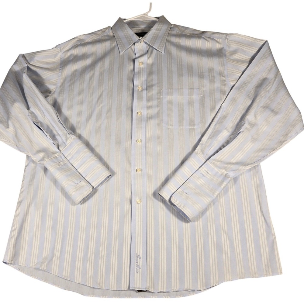 Tasso Elba Mens Blue Yellow Striped Cotton French Cuff Dress Shirt 17.5 34-35 XL